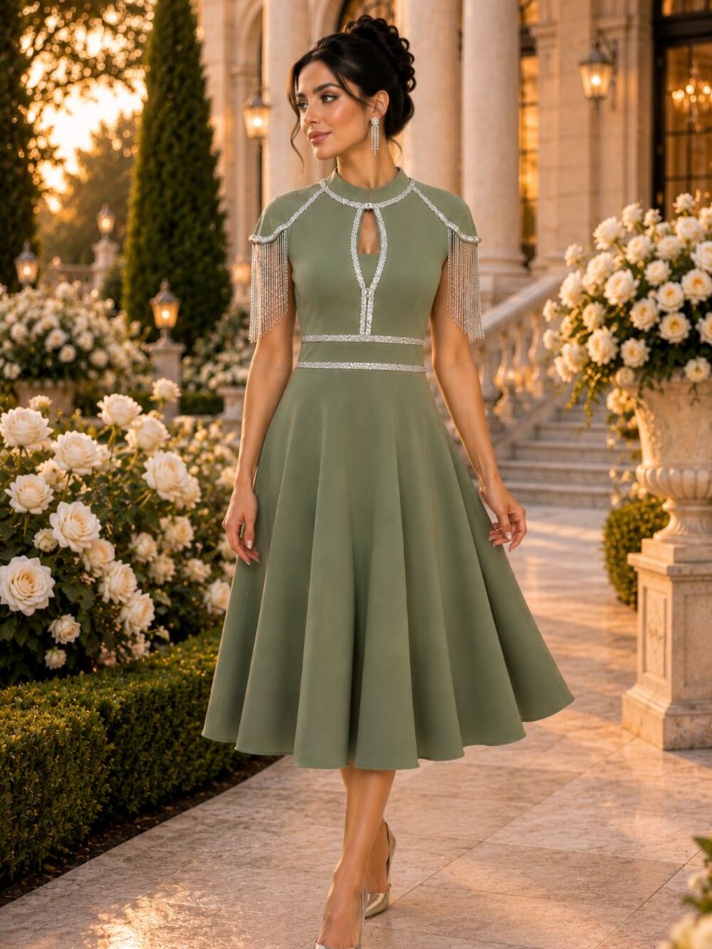 Sage Green Midi Evening Dress, Luxury Cocktail Dress, Crystal Fringe Party Dress